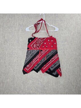 Red & Black Women Bandana Halter Top Handkerchief Hem Boho Style Adjustable Ties